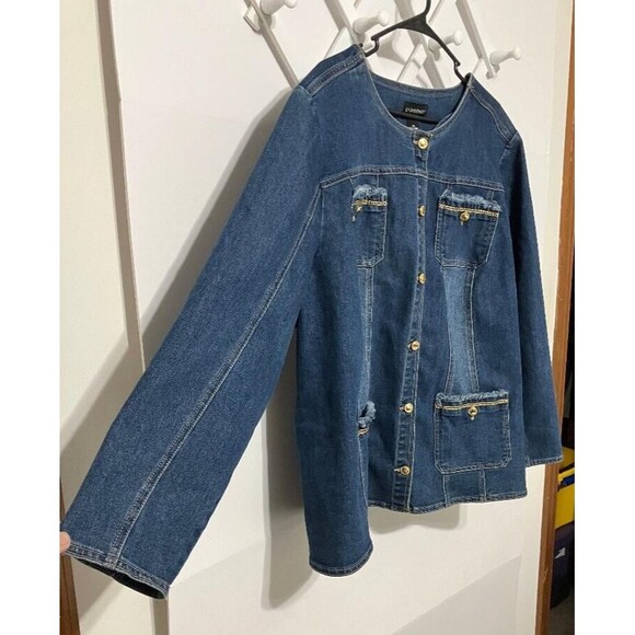 Catherines Womens Plus Size 2X Denim Jean Jacket Gold Tone Buttons Fringe Accent - Picture 3 of 9
